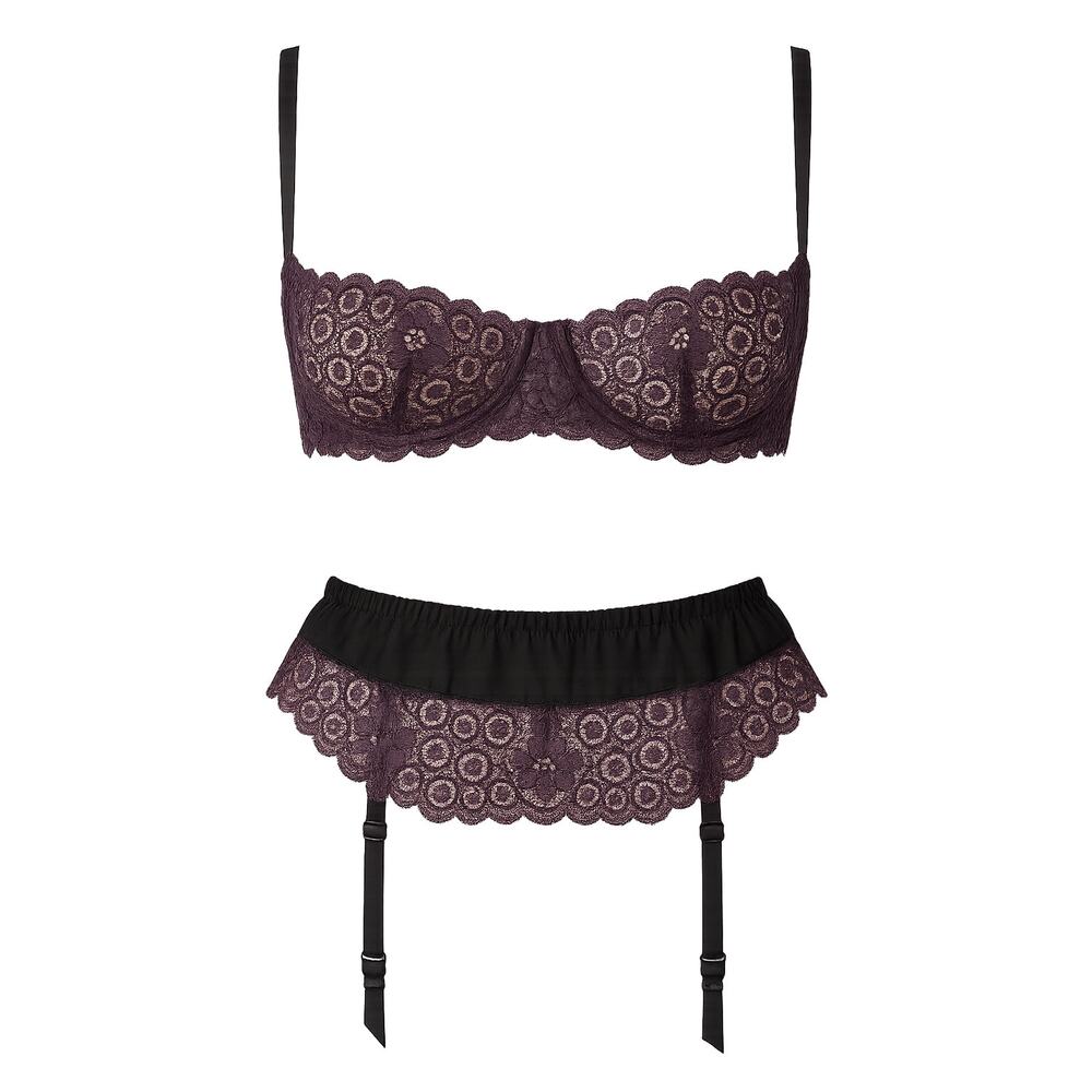 Vintage ESCANTE 2 pc lingerie set balconette bra garter belt purple lace small s